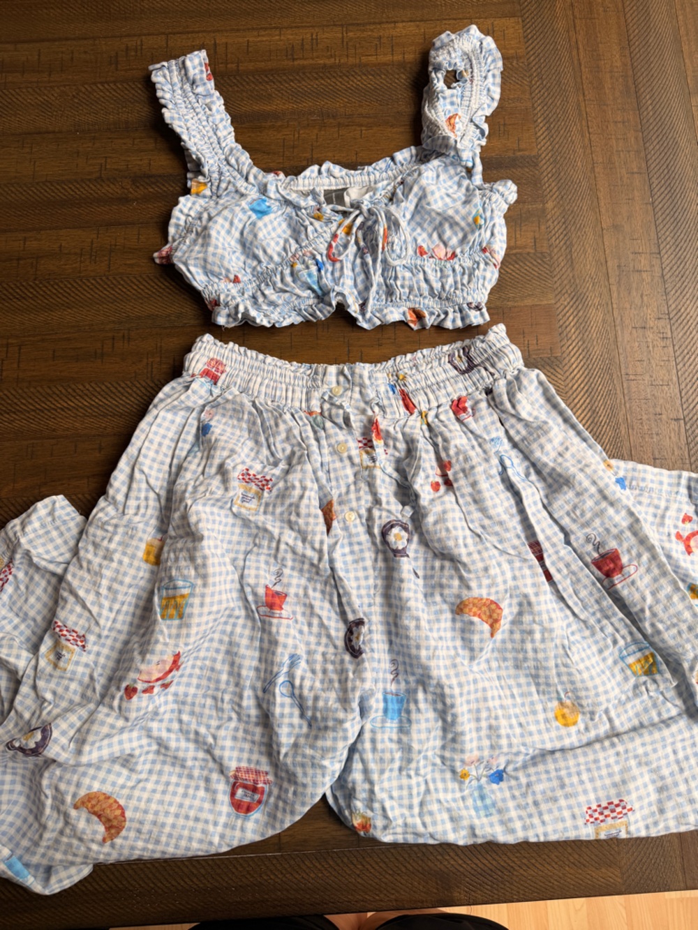 Anthropologie Light Blue Gingham Cropped Top and pant Set with Multicolor Print